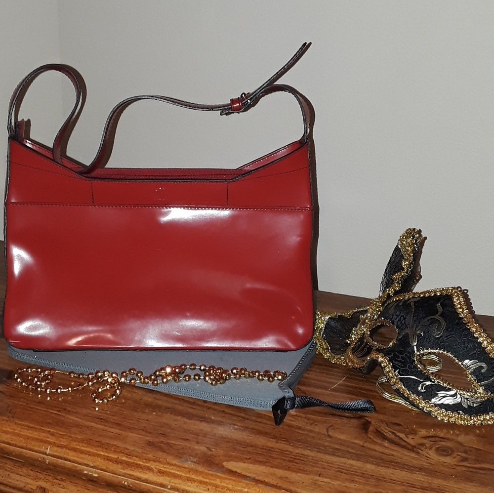Red patent leather look shoulder bag by DKNY